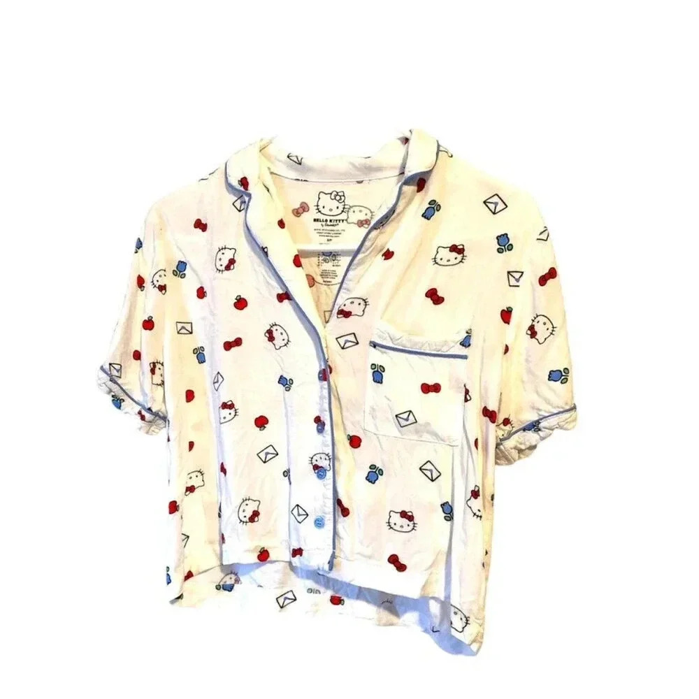 Hello kitty top small women button up kawaii white bows